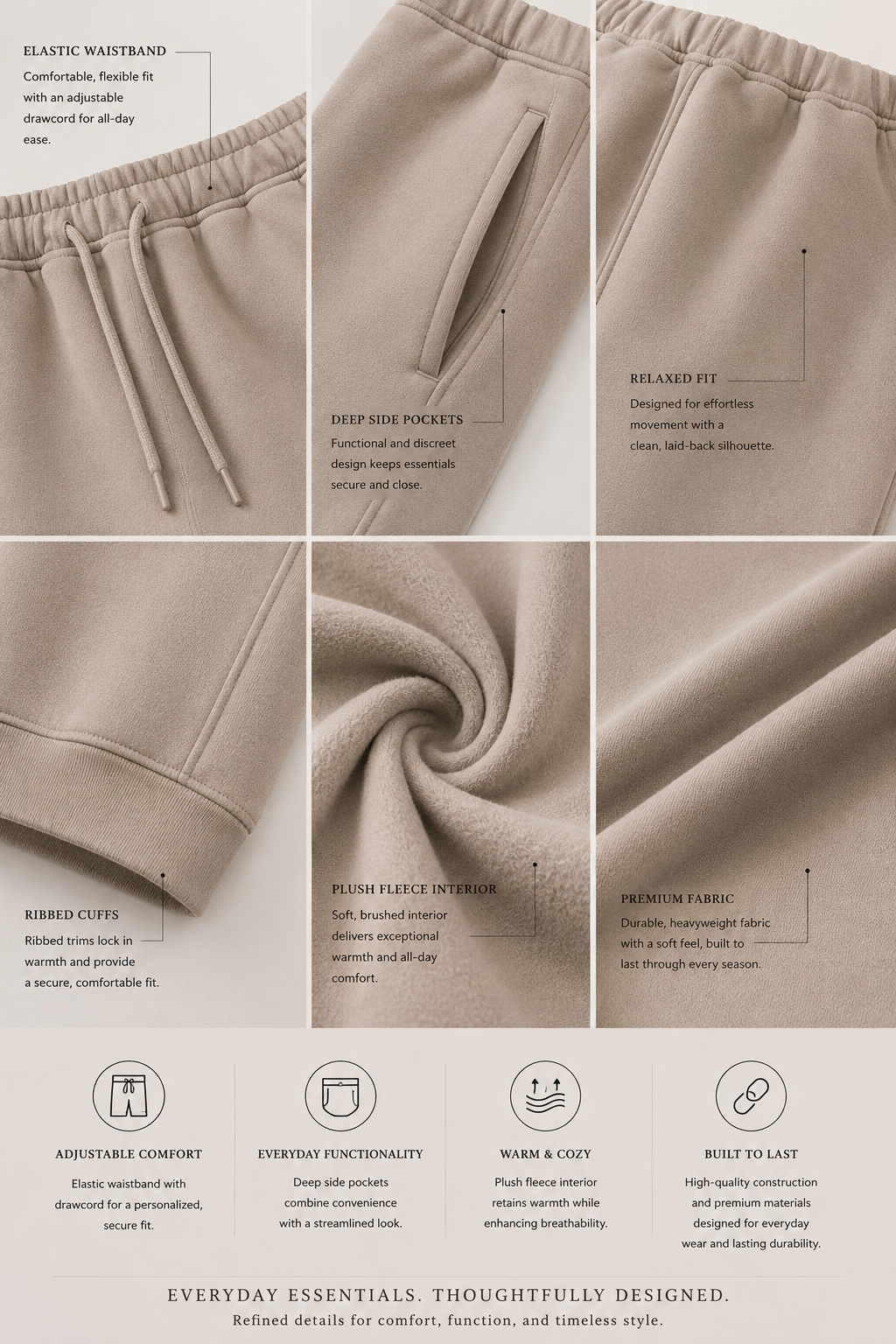 Detail collage of the NORTHE Core Classic Sweatpants showing the elastic waistband, deep side pockets, ribbed cuffs, plush fleece interior, and premium fabric.
