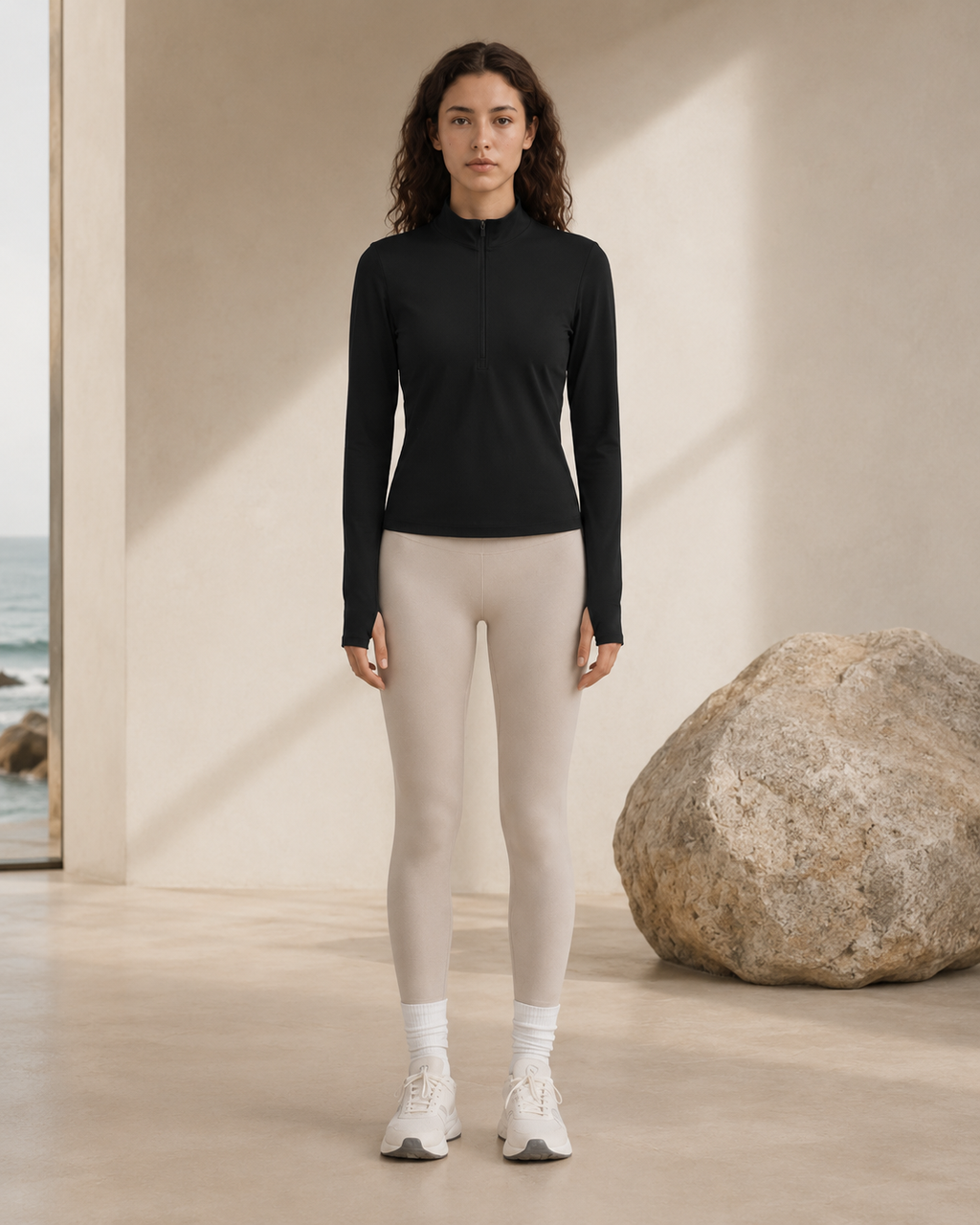 Woman wearing the NORTHE Studio Form Jacket in Black with neutral leggings, shown from the front in a minimal coastal studio setting.