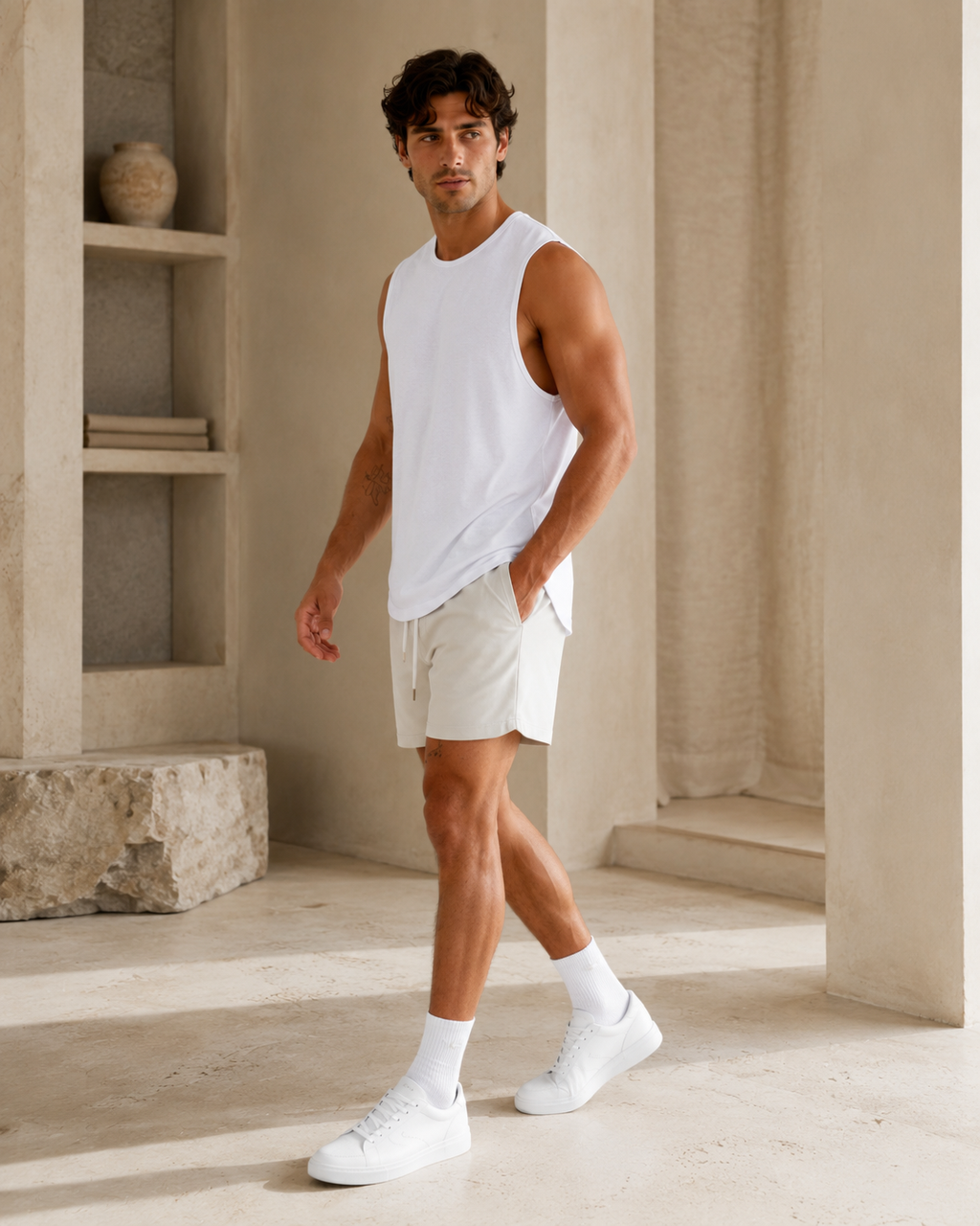 A man modeling a white sleeveless t-shirt and white shorts in a minimalist, warm-toned stone corridor.